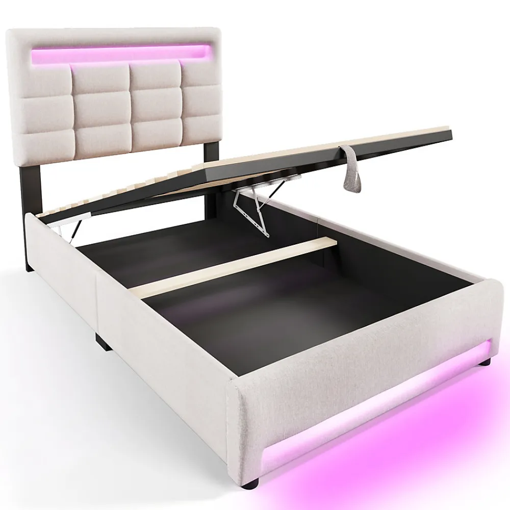 Lit Coffre Simple 90x200 Cm - Lit Coffre Enfant/Ado Avec LED Et USB, Système Hydraulique De Rangement, Tissu En Lin, Beige>Okwish Hot