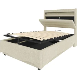 Okwish Lit Coffre Simple 90x200 cm - Lit Enfant Capitonné avec LED, Ports USB et Rangement sous Le Lit, Tissu Lin, Beige* Lit Coffre
