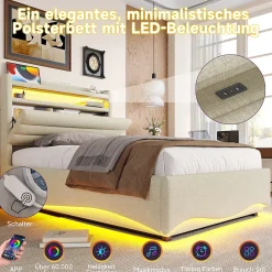 Okwish Lit Coffre Simple 90x200 cm - Lit Enfant Capitonné avec LED, Ports USB et Rangement sous Le Lit, Tissu Lin, Beige* Lit Coffre