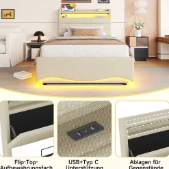 Okwish Lit Coffre Simple 90x200 cm - Lit Enfant Capitonné avec LED, Ports USB et Rangement sous Le Lit, Tissu Lin, Beige* Lit Coffre