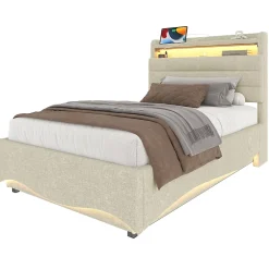 Okwish Lit Coffre Simple 90x200 cm - Lit Enfant Capitonné avec LED, Ports USB et Rangement sous Le Lit, Tissu Lin, Beige* Lit Coffre