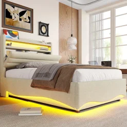 Okwish Lit Coffre Simple 90x200 cm - Lit Enfant Capitonné avec LED, Ports USB et Rangement sous Le Lit, Tissu Lin, Beige* Lit Coffre