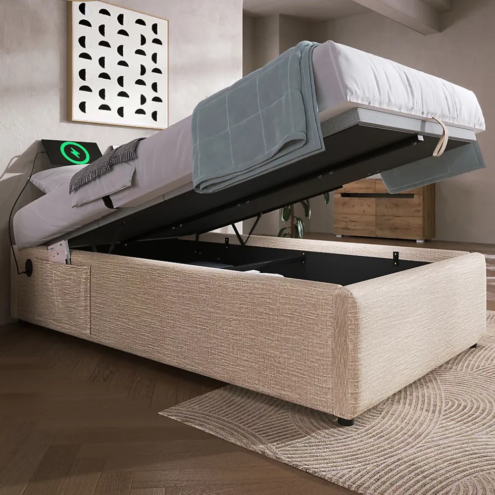 Okwish Lit Coffre Simple 90x200 cm avec Rangement Intégré et Port USB-C, Cadre Bois et Lin Beige, Sans Matelas* Lit Coffre