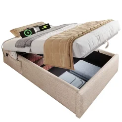 Okwish Lit Coffre Simple 90x200 cm avec Rangement Intégré et Port USB-C, Cadre Bois et Lin Beige, Sans Matelas* Lit Coffre