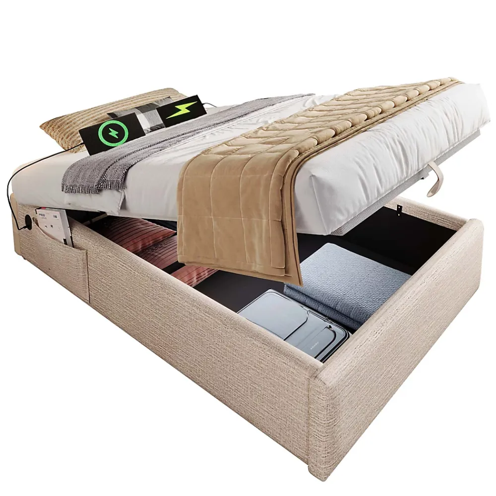 Okwish Lit Coffre Simple 90x200 cm avec Rangement Intégré et Port USB-C, Cadre Bois et Lin Beige, Sans Matelas* Lit Coffre