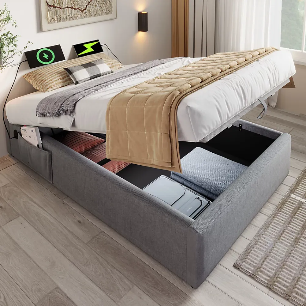 Okwish Lit Coffre Simple 90x190 cm avec Rangement Intégré et Port USB-C, Cadre Métal et Coton Gris, Sans Matelas* Lit Coffre