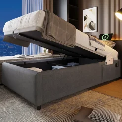Okwish Lit Coffre Simple 90x190 cm avec Rangement Intégré et Port USB-C, Cadre Métal et Coton Gris, Sans Matelas* Lit Coffre