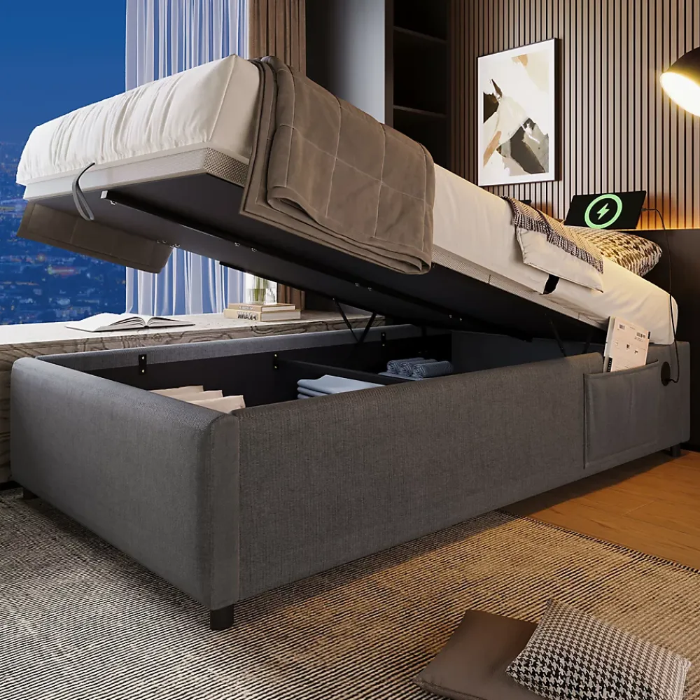 Okwish Lit Coffre Simple 90x190 cm avec Rangement Intégré et Port USB-C, Cadre Métal et Coton Gris, Sans Matelas* Lit Coffre