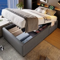 Okwish Lit Coffre Simple 90x190 cm avec Rangement Intégré et Port USB-C, Cadre Métal et Coton Gris, Sans Matelas* Lit Coffre