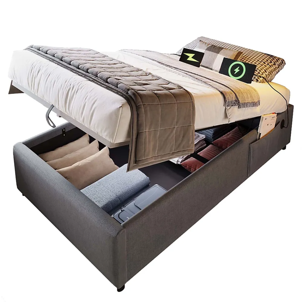 Okwish Lit Coffre Simple 90x190 cm avec Rangement Intégré et Port USB-C, Cadre Métal et Coton Gris, Sans Matelas* Lit Coffre