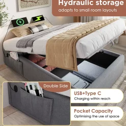 Okwish Lit Coffre Simple 90x190 cm avec Rangement Intégré et Port USB-C, Cadre Métal et Coton Gris, Sans Matelas* Lit Coffre