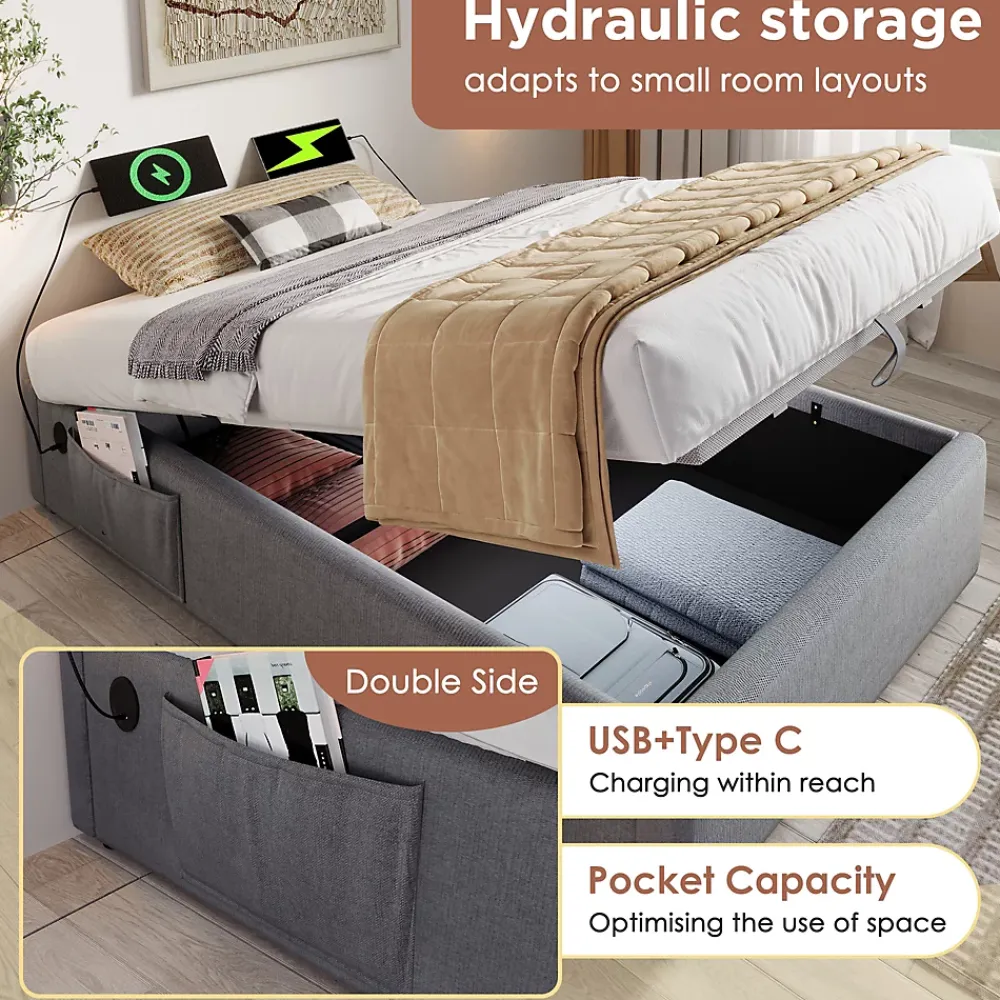 Okwish Lit Coffre Simple 90x190 cm avec Rangement Intégré et Port USB-C, Cadre Métal et Coton Gris, Sans Matelas* Lit Coffre