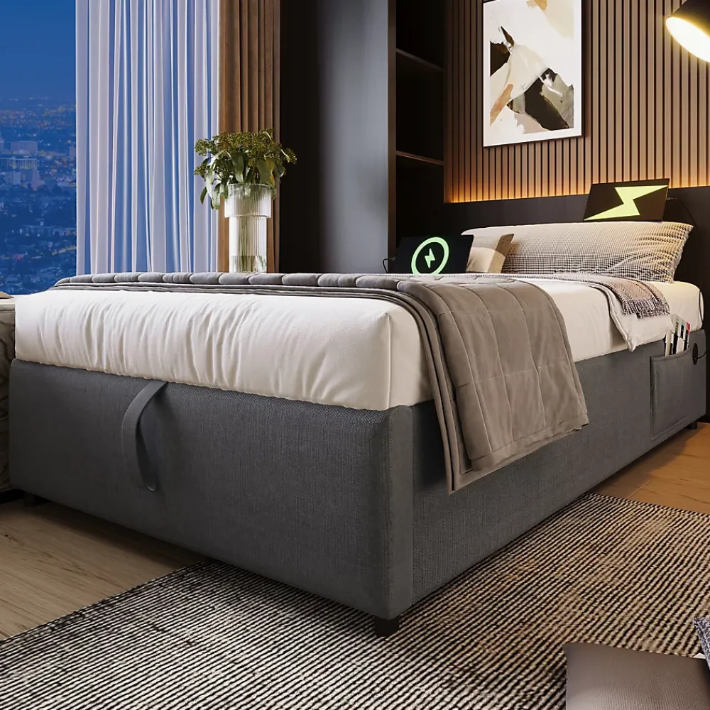 Okwish Lit Coffre Simple 90x190 cm avec Rangement Intégré et Port USB-C, Cadre Métal et Coton Gris, Sans Matelas* Lit Coffre