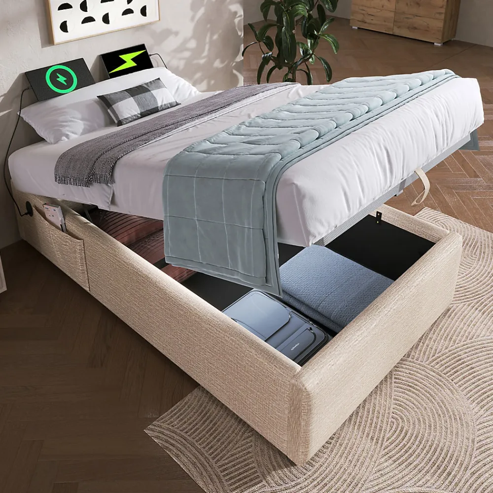 Lit Coffre Simple 90x190 cm avec Rangement Intégré et Port USB-C, Cadre Métal et Lin Naturel, Sans Matelas>Okwish Outlet