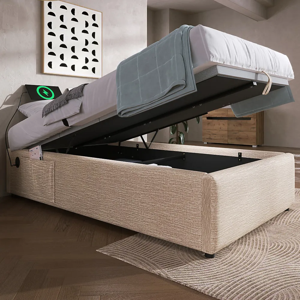 Lit Coffre Simple 90x190 cm avec Rangement Intégré et Port USB-C, Cadre Métal et Lin Naturel, Sans Matelas>Okwish Outlet