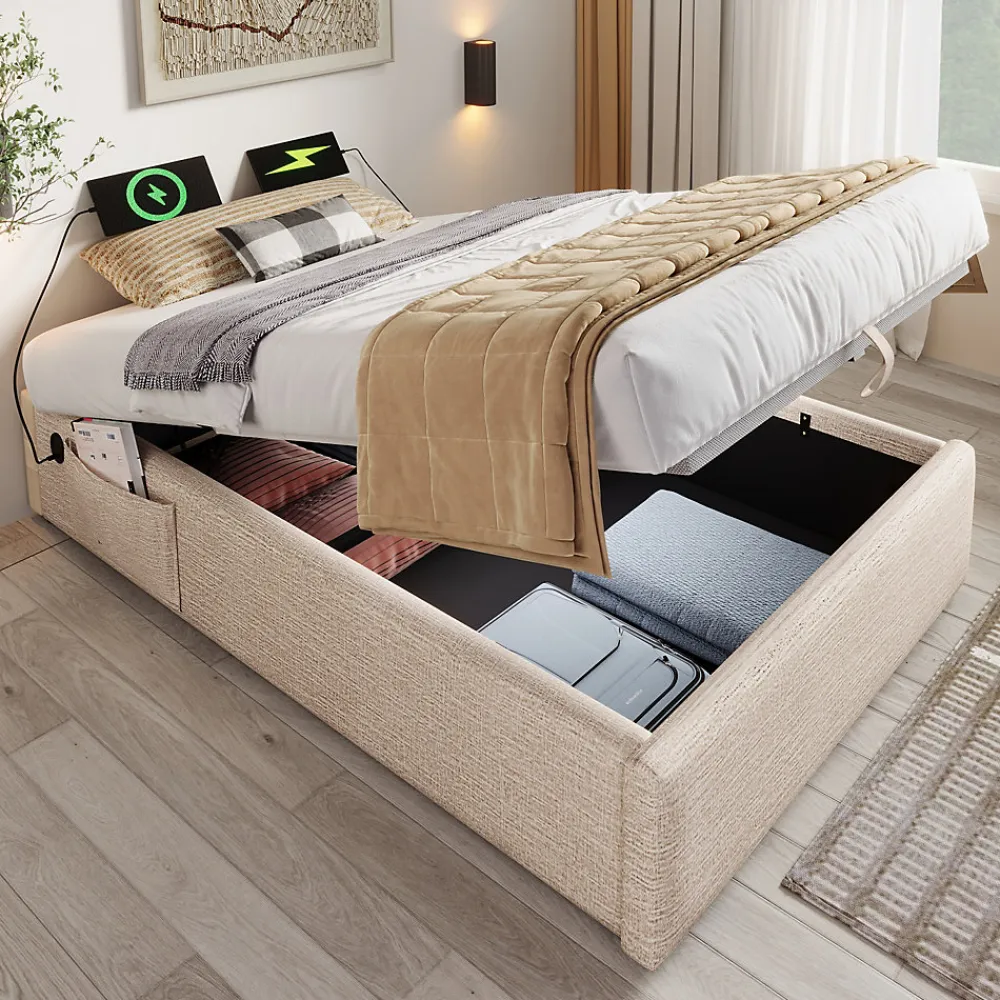 Lit Coffre Simple 90x190 cm avec Rangement Intégré et Port USB-C, Cadre Métal et Lin Naturel, Sans Matelas>Okwish Outlet
