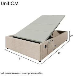 Lit Coffre Simple 90x190 cm avec Rangement Intégré et Port USB-C, Cadre Métal et Lin Naturel, Sans Matelas><noscript><img width=