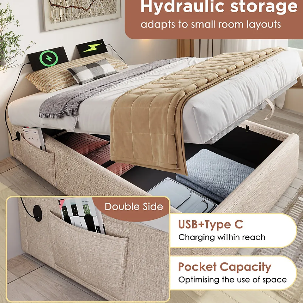 Lit Coffre Simple 90x190 cm avec Rangement Intégré et Port USB-C, Cadre Métal et Lin Naturel, Sans Matelas>Okwish Outlet