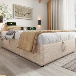Lit Coffre Simple 90x190 cm avec Rangement Intégré et Port USB-C, Cadre Métal et Lin Naturel, Sans Matelas><noscript><img width=