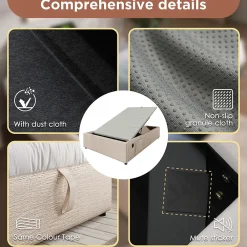 Lit Coffre Simple 90x190 cm avec Rangement Intégré et Port USB-C, Cadre Métal et Lin Naturel, Sans Matelas><noscript><img width=