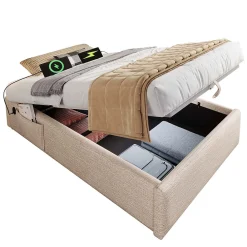 Lit Coffre Simple 90x190 cm avec Rangement Intégré et Port USB-C, Cadre Métal et Lin Naturel, Sans Matelas><noscript><img width=