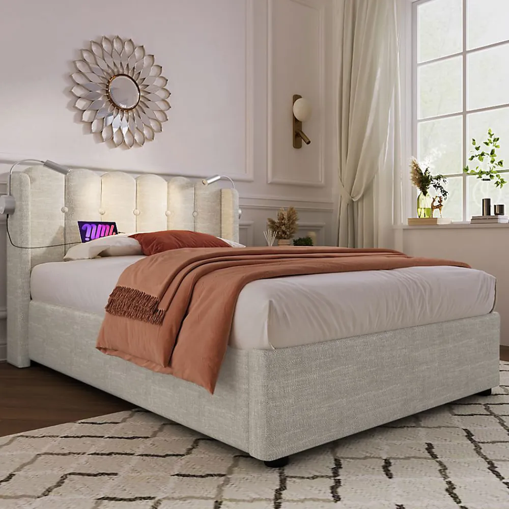 Blackcolors Lit Coffre Simple 90x200cm Rembourré Rangement Lin Naturel* Lit Coffre