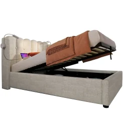 Blackcolors Lit Coffre Simple 90x200cm Rembourré Rangement Lin Naturel* Lit Coffre