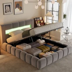 Lit coffre style nuage LED 160x200cm velours gris avec tête de lit et sommier - OMAHA>Concept Usine Hot