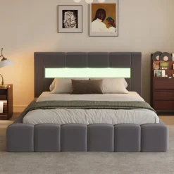 Lit coffre style nuage LED 160x200cm velours gris avec tête de lit et sommier - OMAHA><noscript><img width=