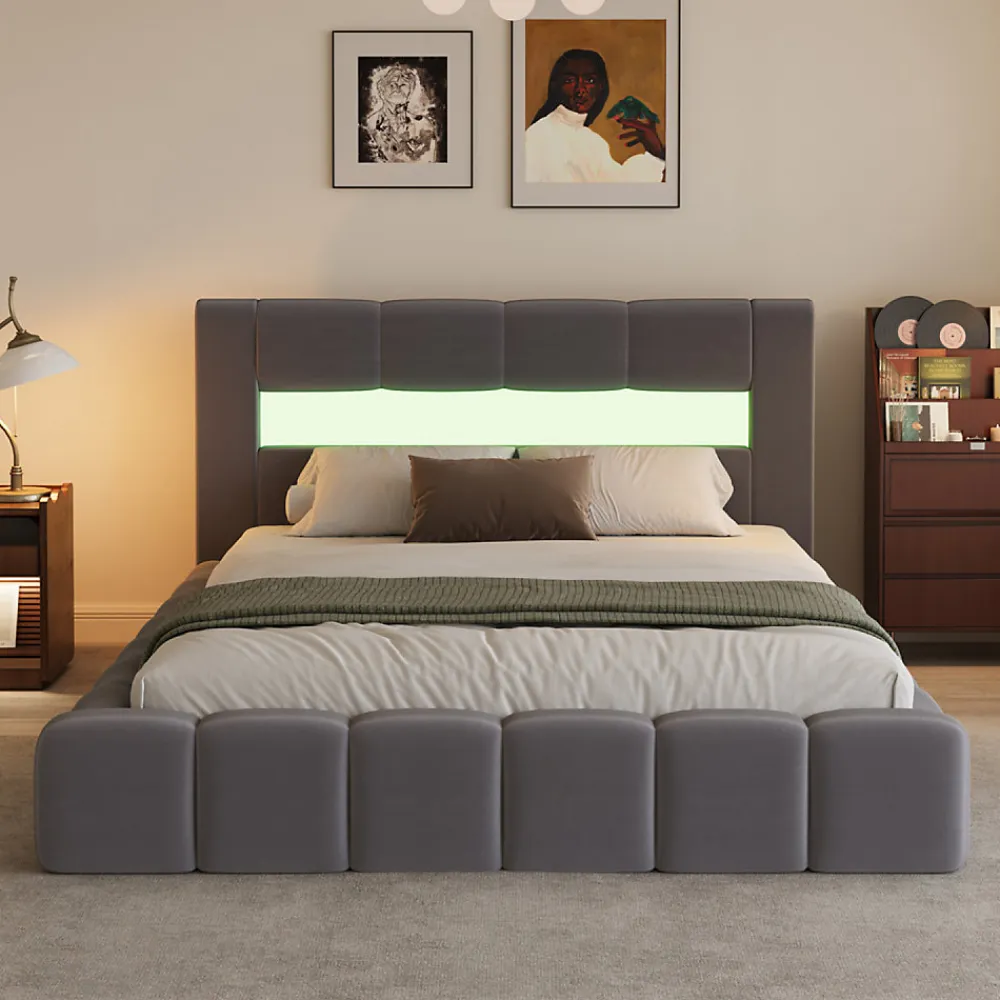Lit coffre style nuage LED 160x200cm velours gris avec tête de lit et sommier - OMAHA>Concept Usine Hot