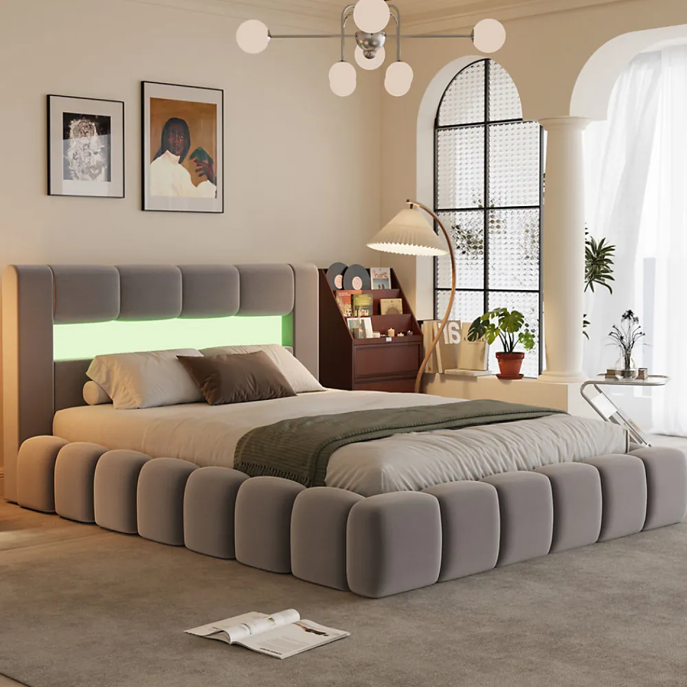 Lit coffre style nuage LED 160x200cm velours gris avec tête de lit et sommier - OMAHA>Concept Usine Hot