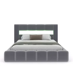 Lit coffre style nuage LED 160x200cm velours gris avec tête de lit et sommier - OMAHA><noscript><img width=