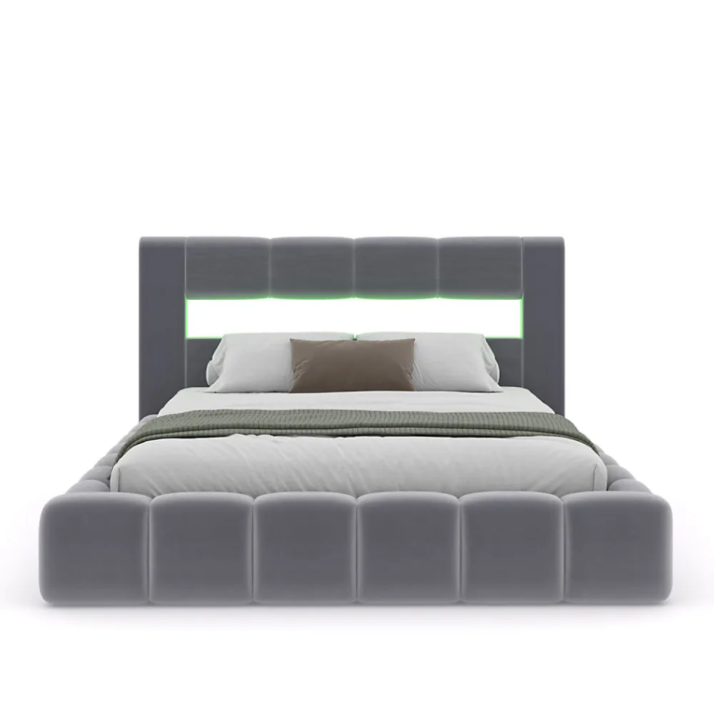Lit coffre style nuage LED 160x200cm velours gris avec tête de lit et sommier - OMAHA>Concept Usine Hot