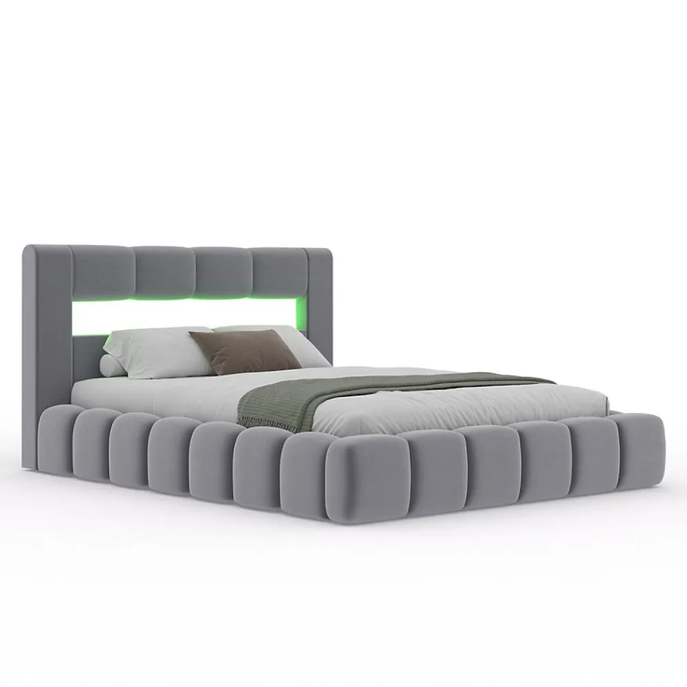 Lit coffre style nuage LED 160x200cm velours gris avec tête de lit et sommier - OMAHA>Concept Usine Hot