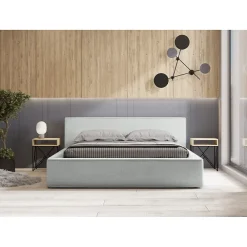 Meublorama Lit coffre VELORA Blanc bouclé 180x200 cm Tissu effet laine Sommier relevable Rangement intégré* Lit Double