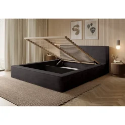 Meublorama Lit coffre VELORA Gris anthracite 160x200 cm Tissu velours doux Sommier relevable Rangement intégré* Lit Double