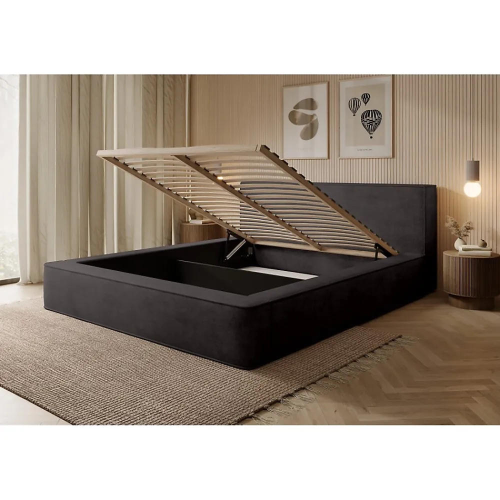 Meublorama Lit coffre VELORA Gris anthracite 160x200 cm Tissu velours doux Sommier relevable Rangement intégré* Lit Double