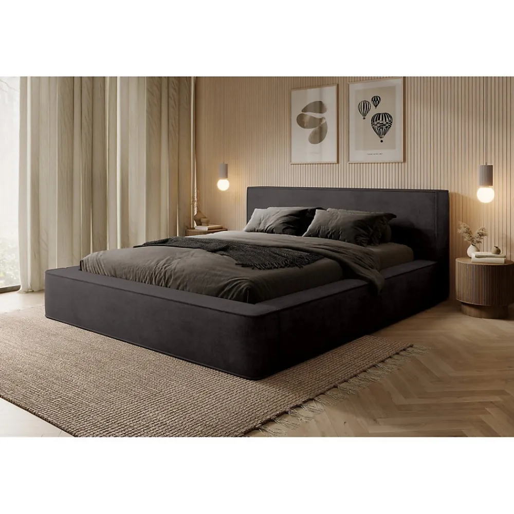 Meublorama Lit coffre VELORA Gris anthracite 160x200 cm Tissu velours doux Sommier relevable Rangement intégré* Lit Double