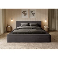 Meublorama Lit coffre VELORA Gris anthracite 160x200 cm Tissu velours doux Sommier relevable Rangement intégré* Lit Double
