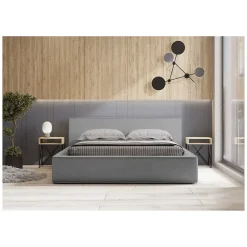 Meublorama Lit coffre VELORA Gris sable bouclé 180x200 cm Tissu velours doux Sommier relevable Rangement intégré* Lit Double