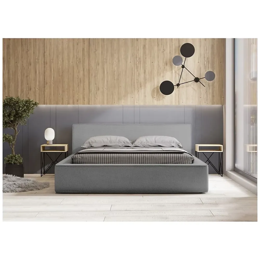Meublorama Lit coffre VELORA Gris sable bouclé 180x200 cm Tissu velours doux Sommier relevable Rangement intégré* Lit Double