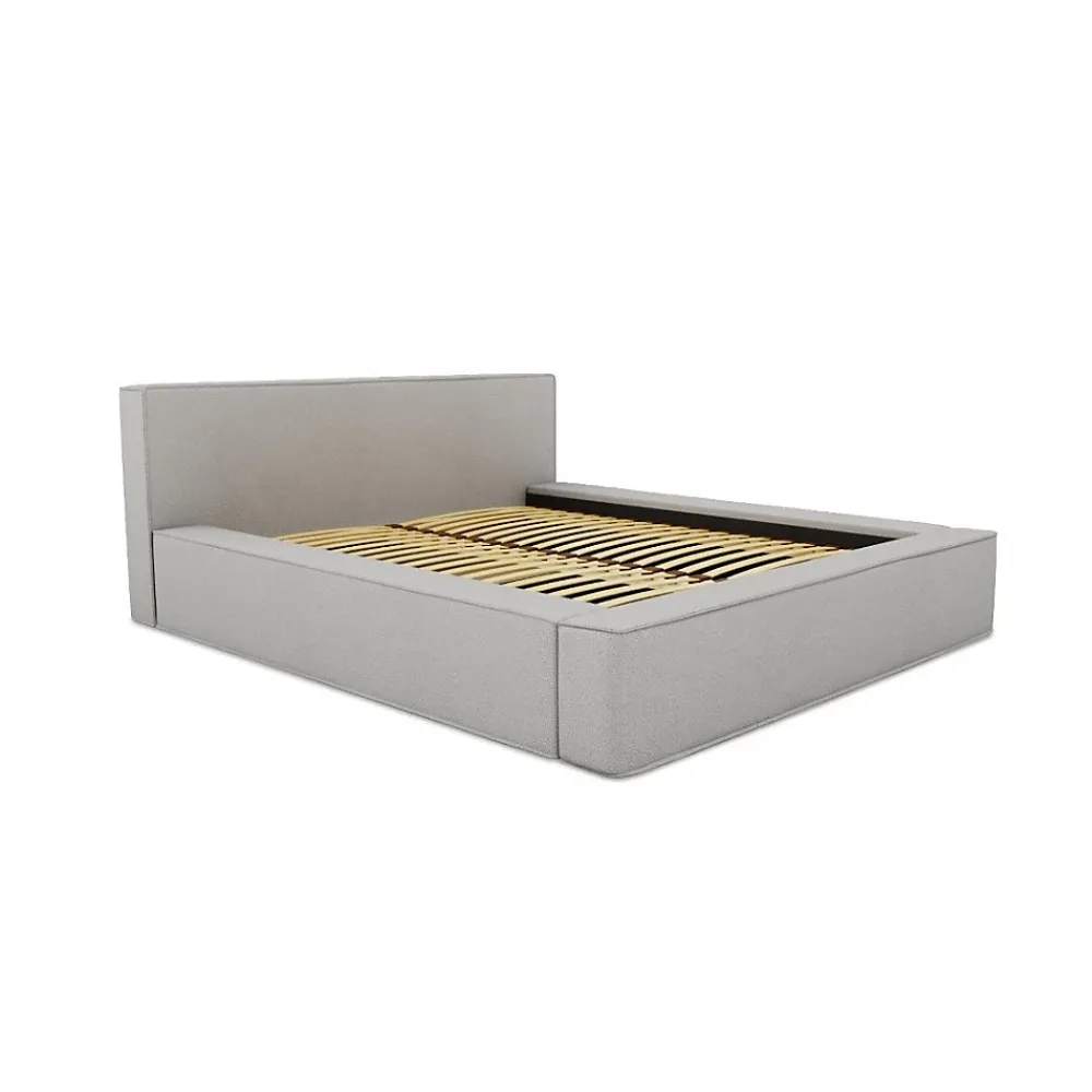 Meublorama Lit coffre VELORA Gris sable bouclé 180x200 cm Tissu velours doux Sommier relevable Rangement intégré* Lit Double