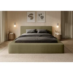 Lit coffre VELORA Olive bouclé 160x200 cm Tissu velours doux Sommier relevable Rangement intégré>Meublorama Hot