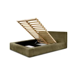 Lit coffre VELORA Olive bouclé 160x200 cm Tissu velours doux Sommier relevable Rangement intégré><noscript><img width=