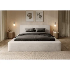 Lit coffre VELORA Perle 180x200 cm Tissu velours doux Sommier relevable Rangement intégré>Meublorama Hot