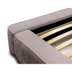 Lit coffre VELORA Taupe rosé bouclé 180x200 cm Tissu velours doux Sommier relevable Rangement intégré><noscript><img width=