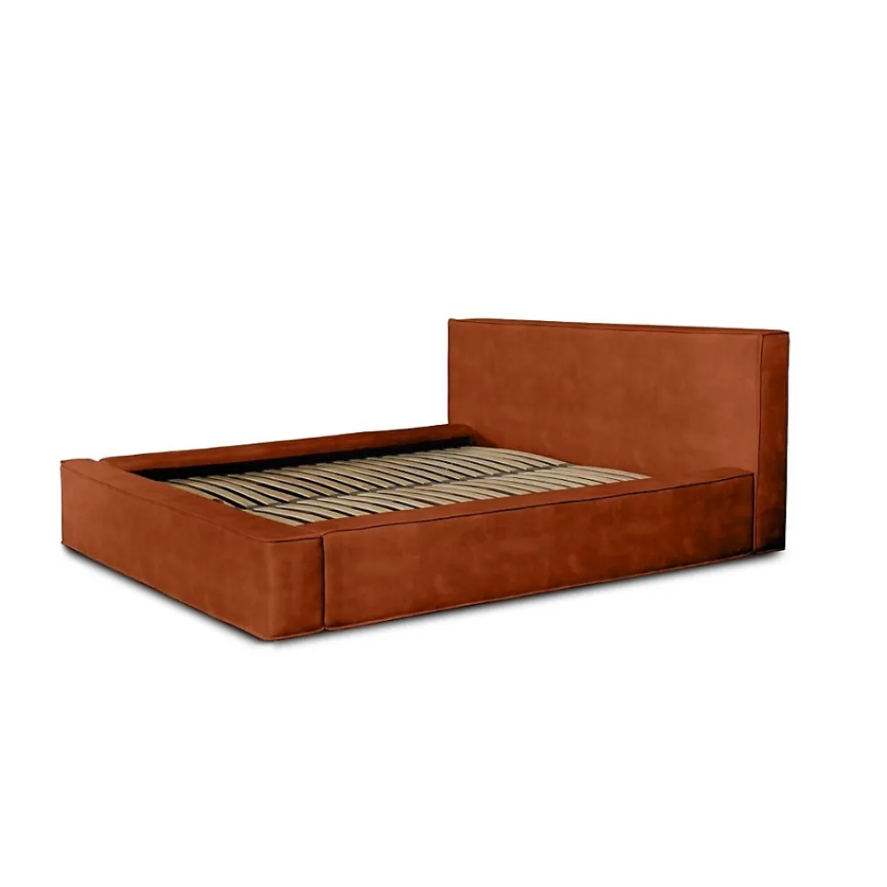 Meublorama Lit coffre VELORA Terracotta 160x200 cm Tissu velours doux Sommier relevable Rangement intégré* Lit Double
