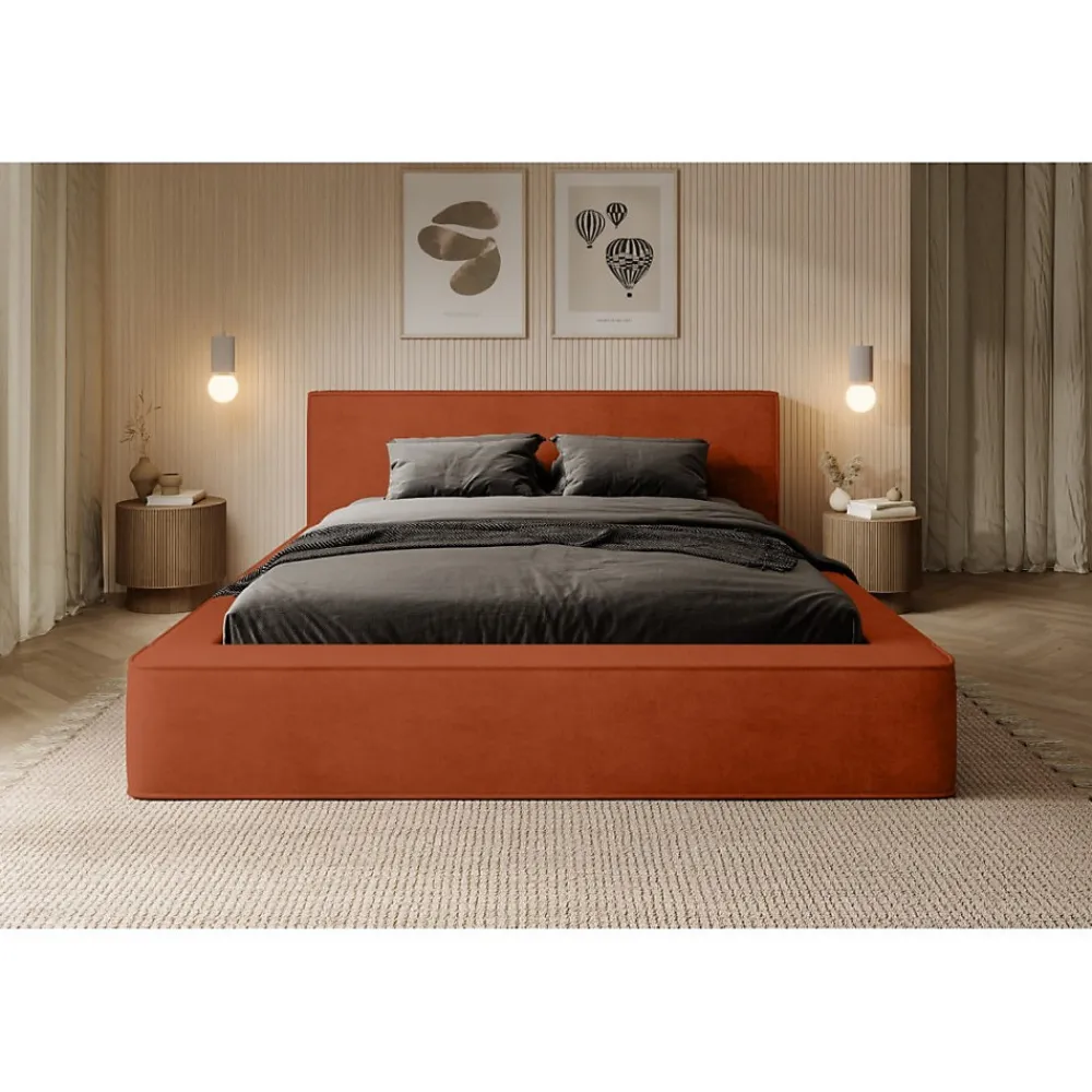 Meublorama Lit coffre VELORA Terracotta 160x200 cm Tissu velours doux Sommier relevable Rangement intégré* Lit Double