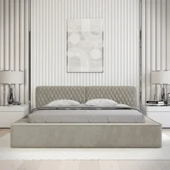 Meublorama Lit coffre VERNON Tissu chenille bouclé Taupe fumé 160x200 cm Sommier relevable Design haut de gamme* Lit Double