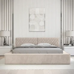 Lit coffre VERNON Tissu chenille bouclé Sable rosé 140x200 cm Sommier relevable Design haut de gamme>Meublorama Discount